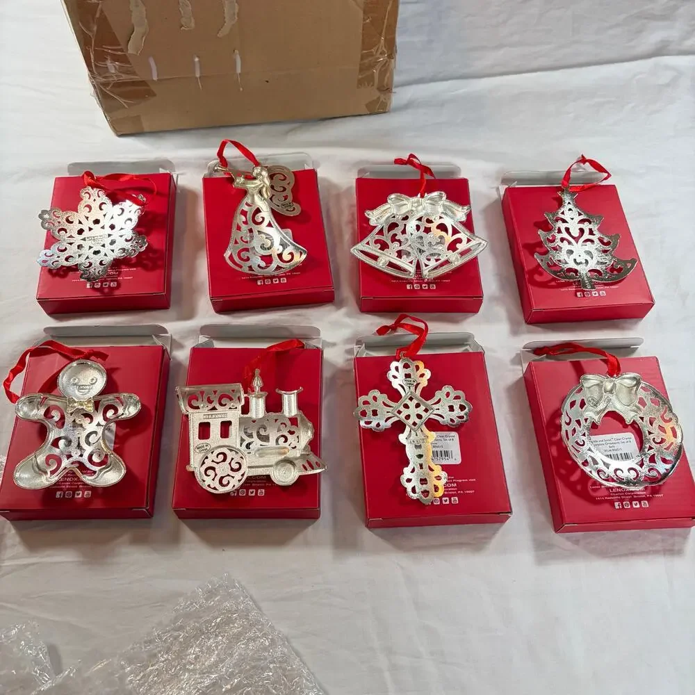 NIB Lenox Sparkle & Scroll crystal silverplate ornaments. Set of 8. Christmas
